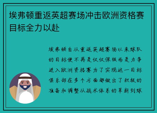 埃弗顿重返英超赛场冲击欧洲资格赛目标全力以赴