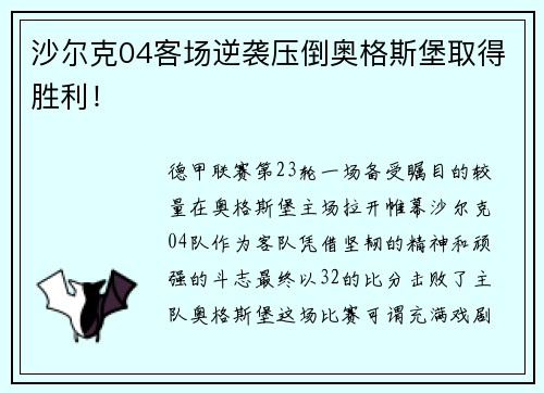 沙尔克04客场逆袭压倒奥格斯堡取得胜利！