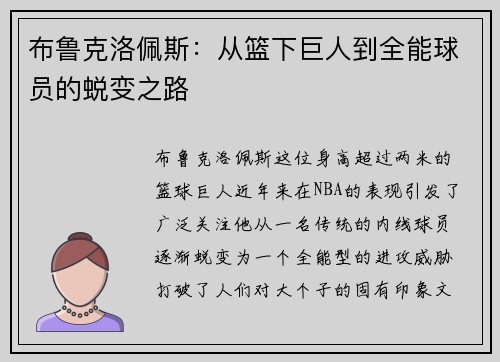 布鲁克洛佩斯：从篮下巨人到全能球员的蜕变之路