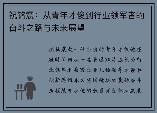 祝铭震：从青年才俊到行业领军者的奋斗之路与未来展望