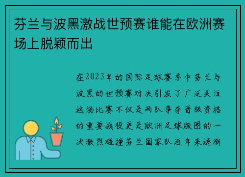 芬兰与波黑激战世预赛谁能在欧洲赛场上脱颖而出