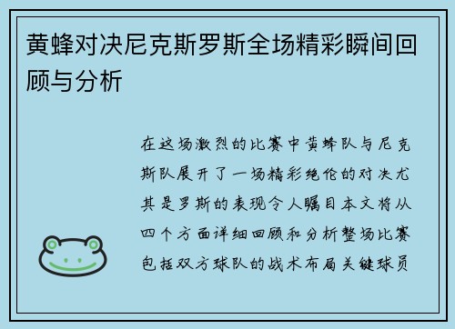 黄蜂对决尼克斯罗斯全场精彩瞬间回顾与分析