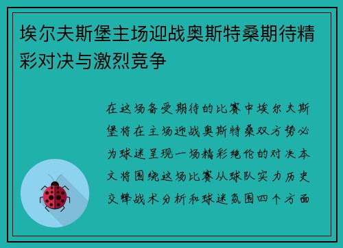 埃尔夫斯堡主场迎战奥斯特桑期待精彩对决与激烈竞争