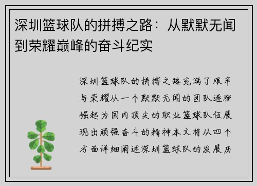深圳篮球队的拼搏之路：从默默无闻到荣耀巅峰的奋斗纪实