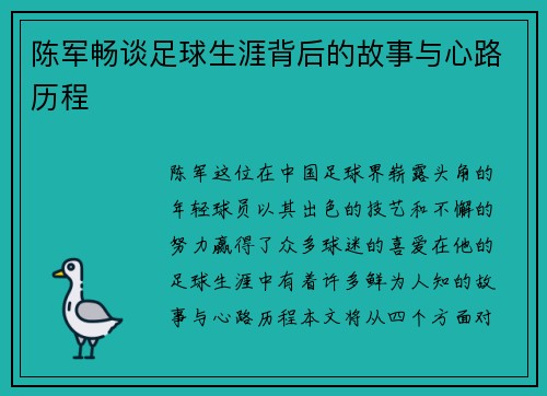 陈军畅谈足球生涯背后的故事与心路历程