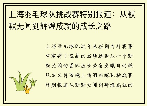 上海羽毛球队挑战赛特别报道：从默默无闻到辉煌成就的成长之路